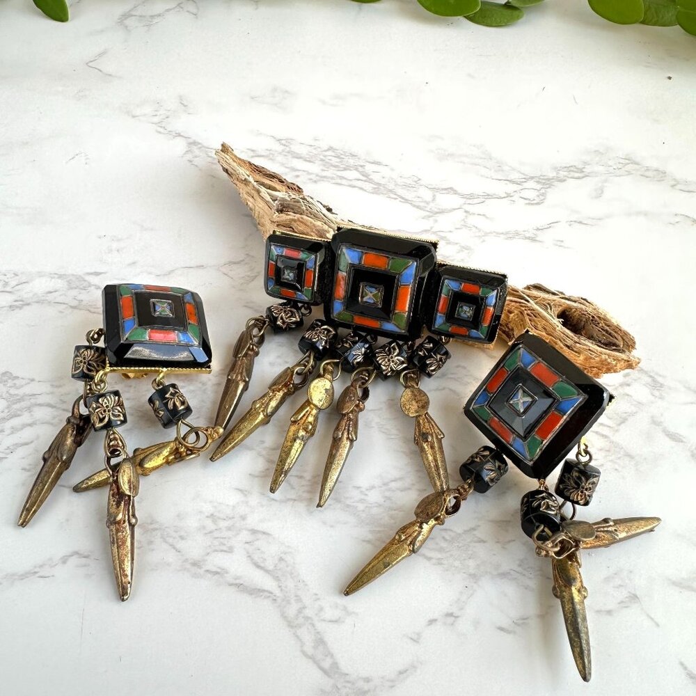 TOGO Paris Brooch and Earrings, Mosaic Glass Cabochons, Vintage Statement